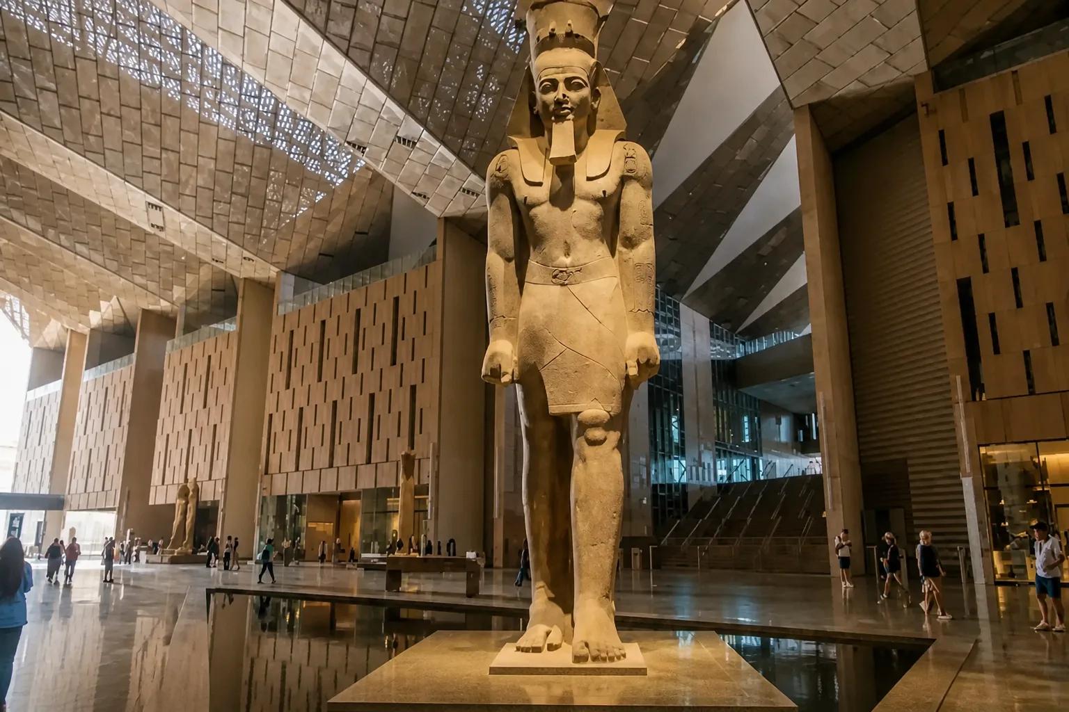 The grand staircase of the Grand Egyptian Museum with the Pyramids beyond
