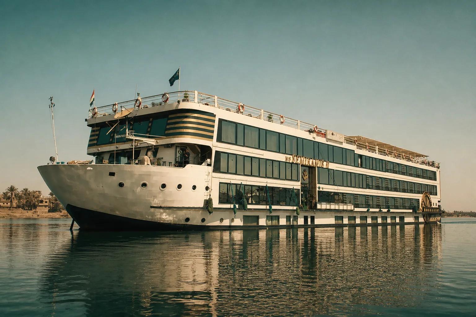 5-star Nile cruise ship docked at Luxor, round-trip Luxor to Aswan route