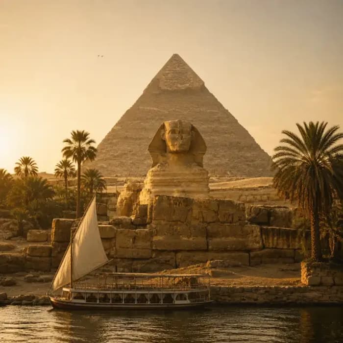 Sunlit deck of a luxury Nile cruise ship at golden hour