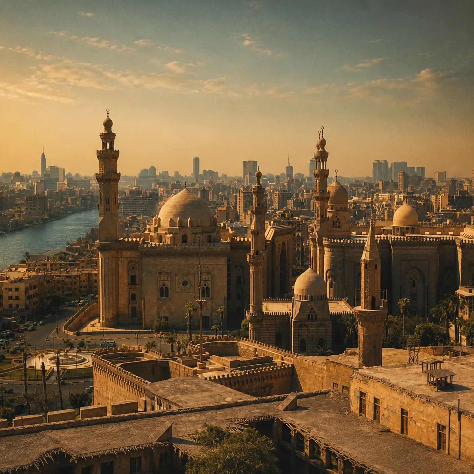 Arrival into Cairo – the city from the airport road at dusk