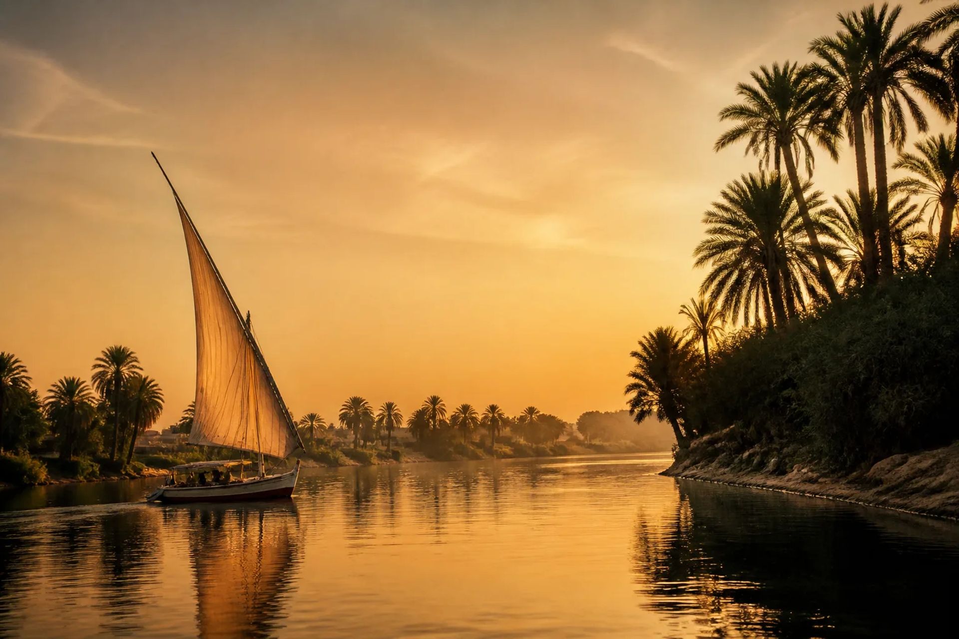 The Nile valley between Luxor and Cairo with palm-fringed fields and desert cliffs