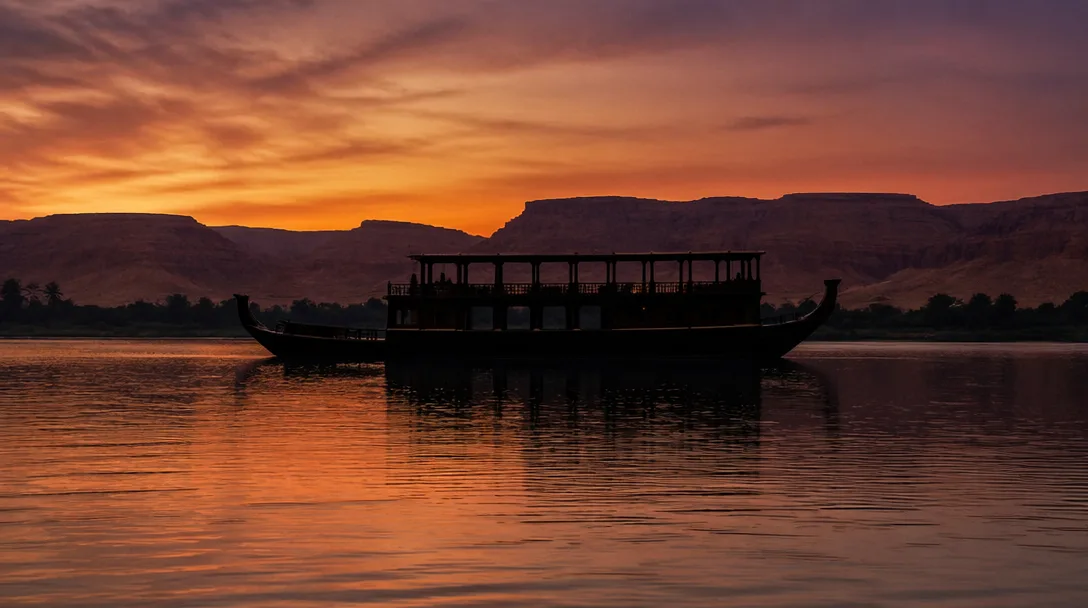 A Nile cruise vessel at sunset on the Nile River