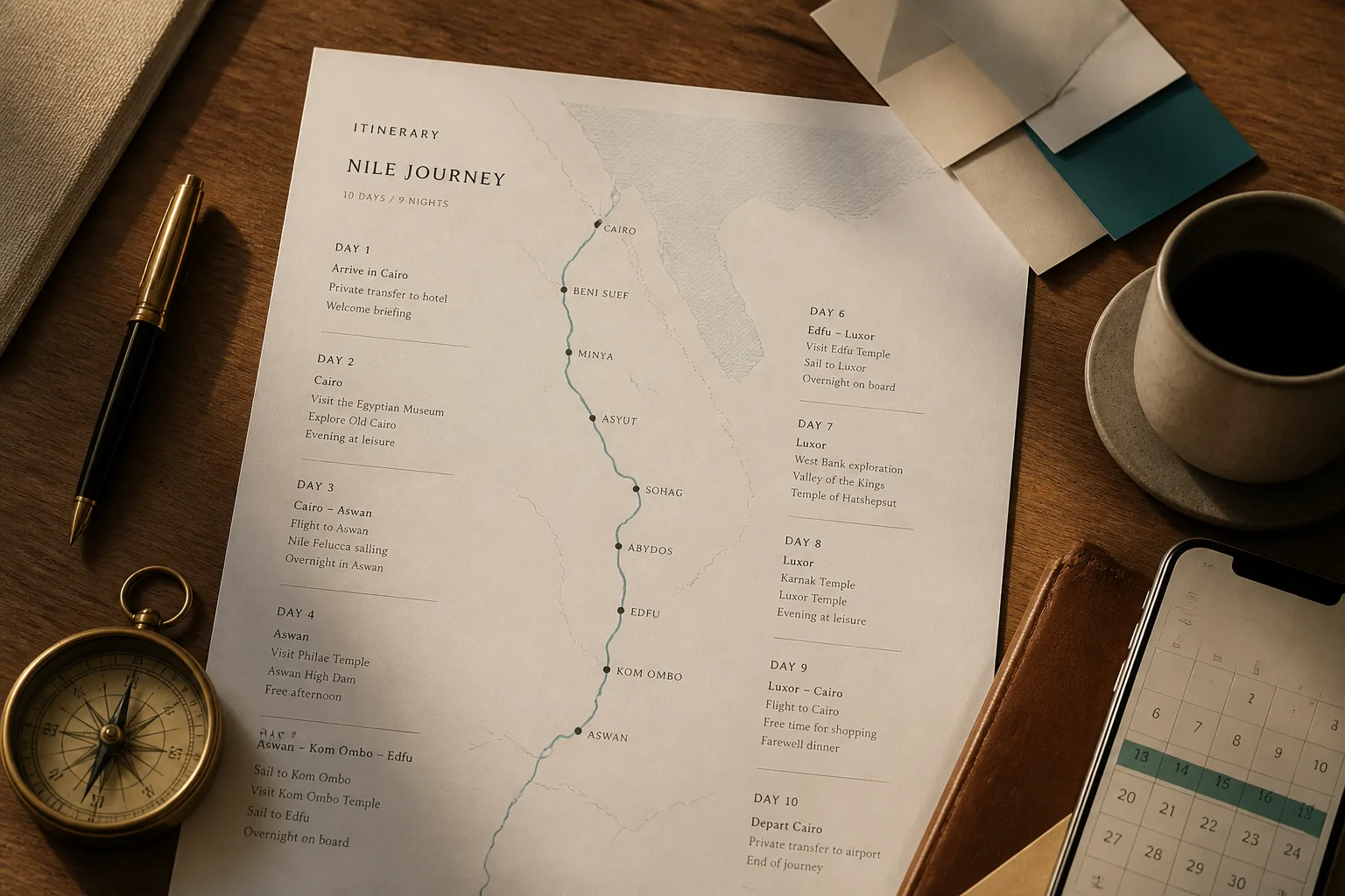 An itinerary planner's desk with a printed Egypt itinerary, pen, and coffee