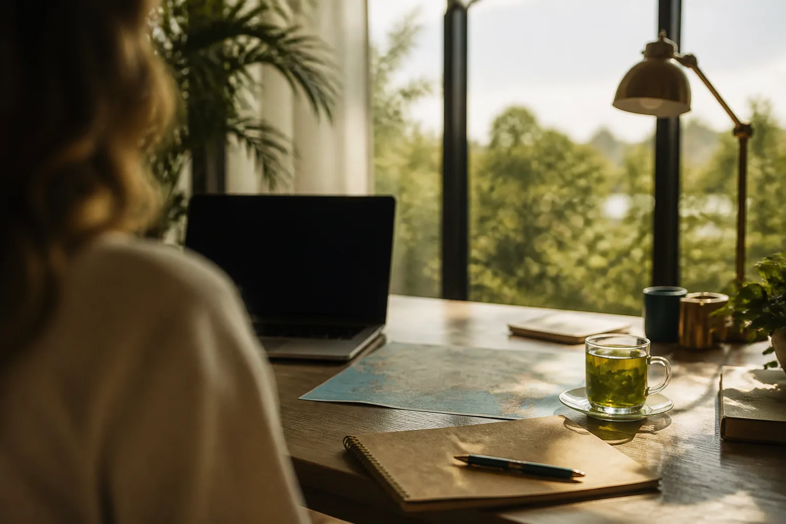 A sunlit desk at our Cairo office, laid out for planning a trip through Egypt