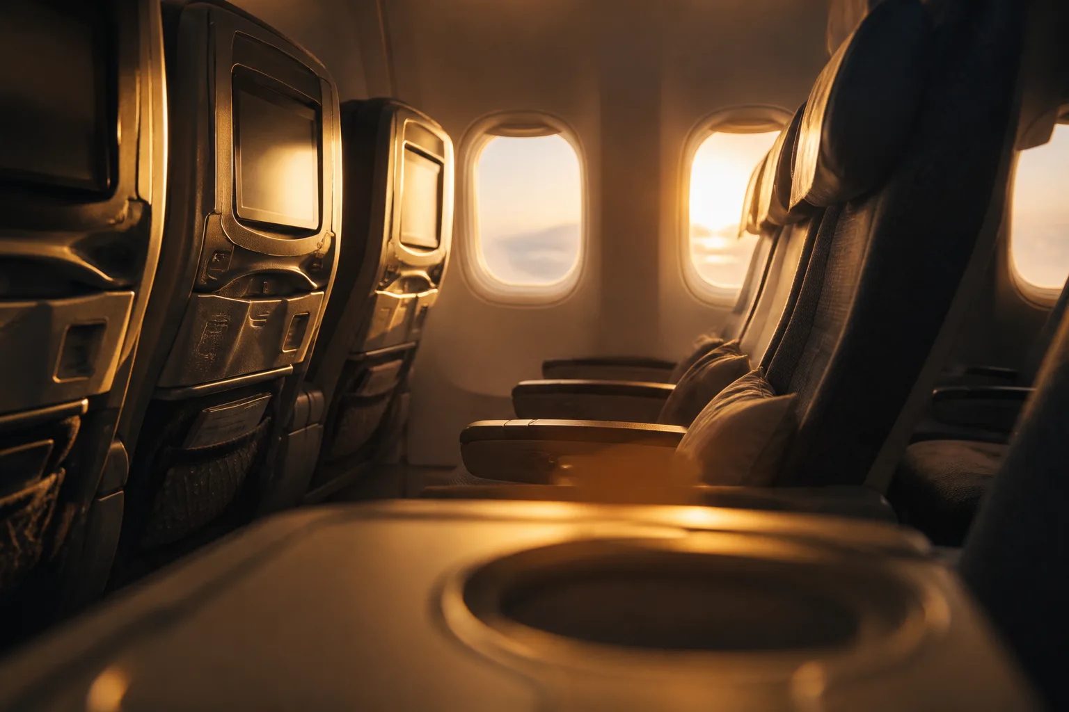 Wide-body aircraft cabin at dawn, soft window light, en route from a UK airport to Egypt.