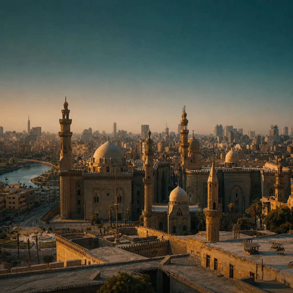 Cairo hotel terrace at dawn overlooking the Nile