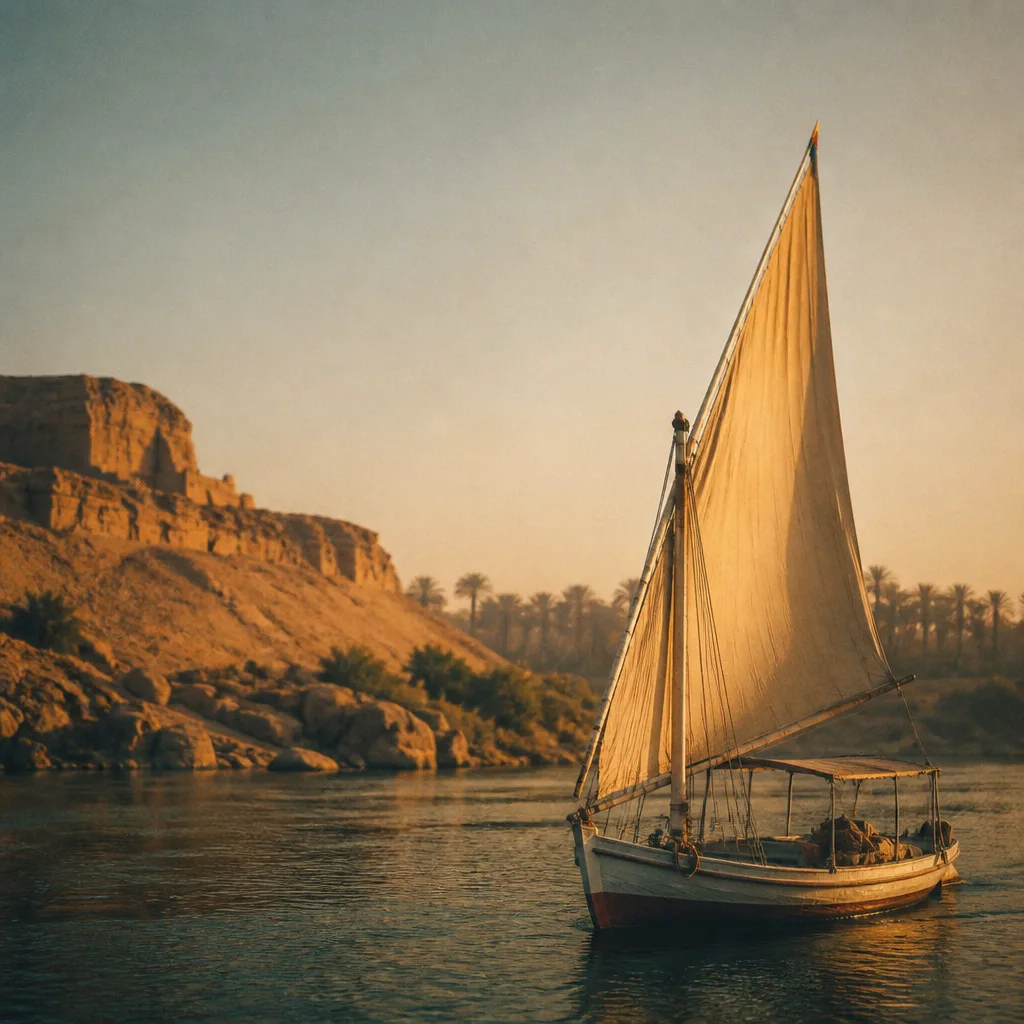 Solitary felucca moored on a quiet Nile riverbank at first light