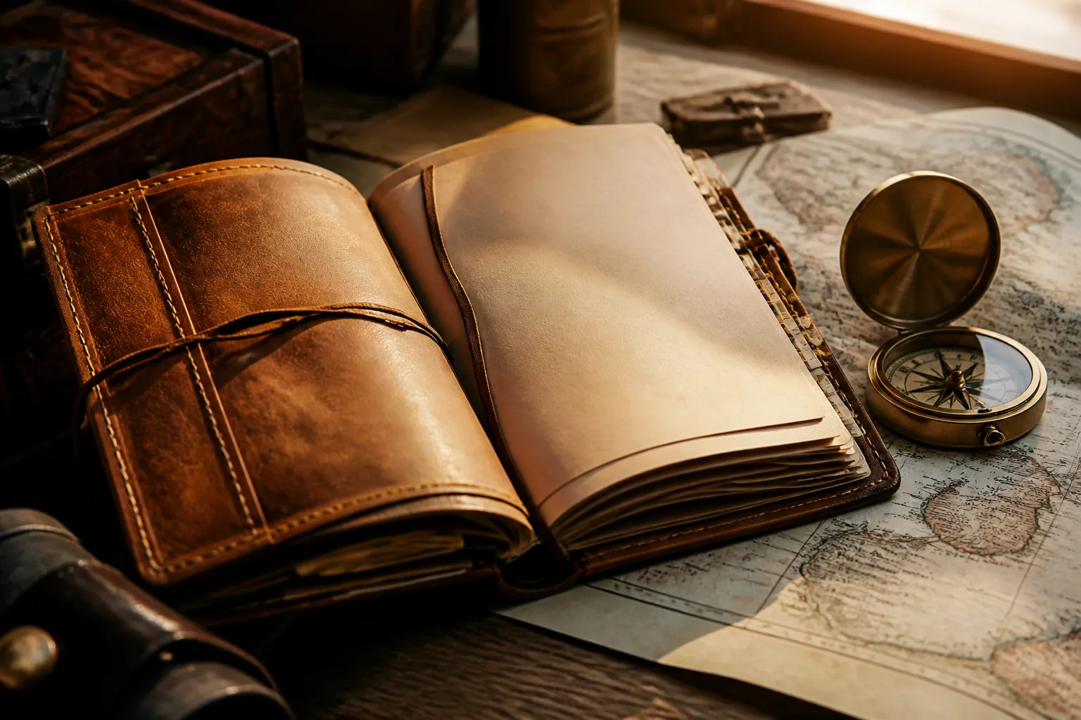 Open vintage travel journal on a wooden desk with a brass compass, soft window light.