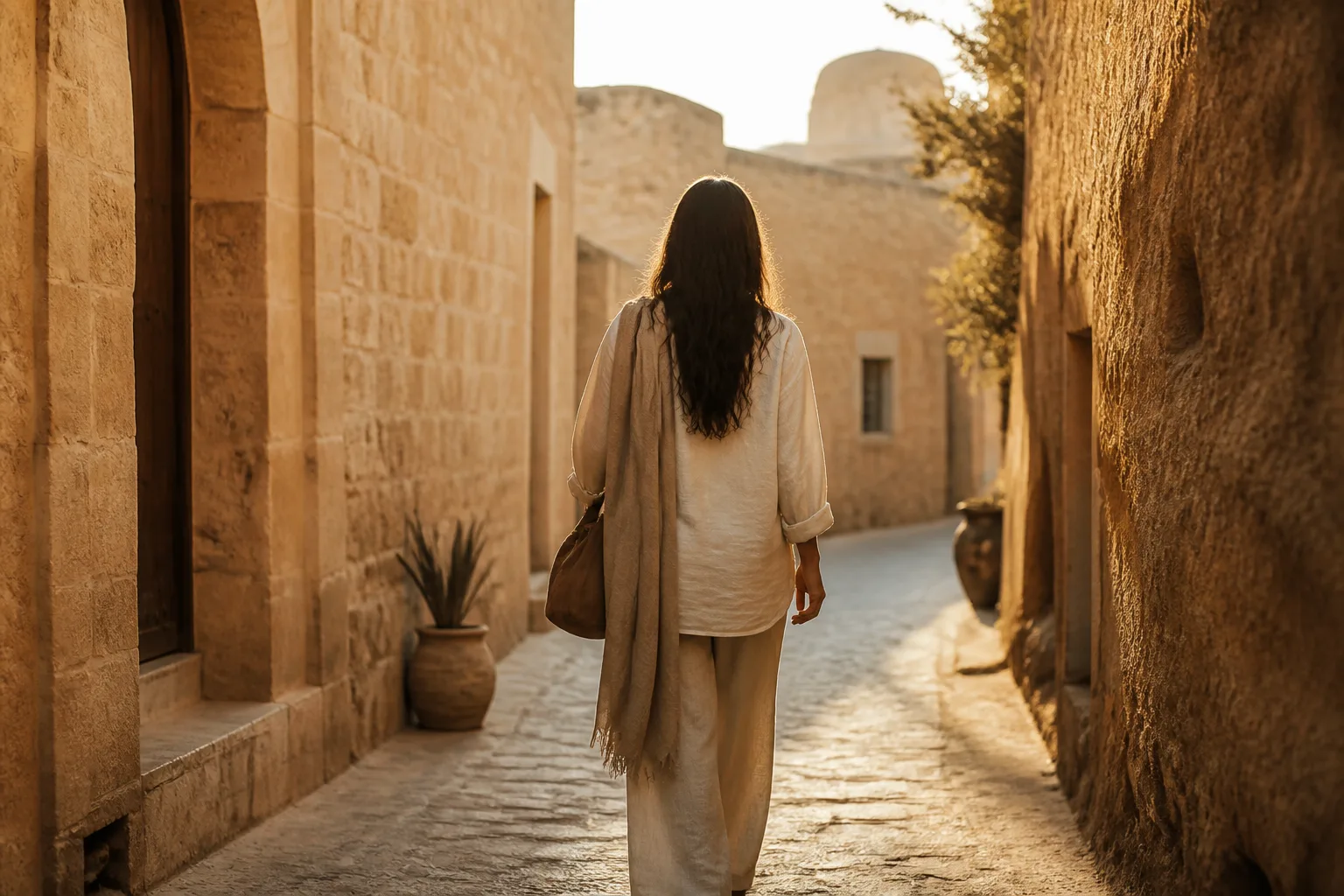 Single woman traveller in respectful loose linen clothing walking a warm-toned alleyway at golden hour, shot from behind.