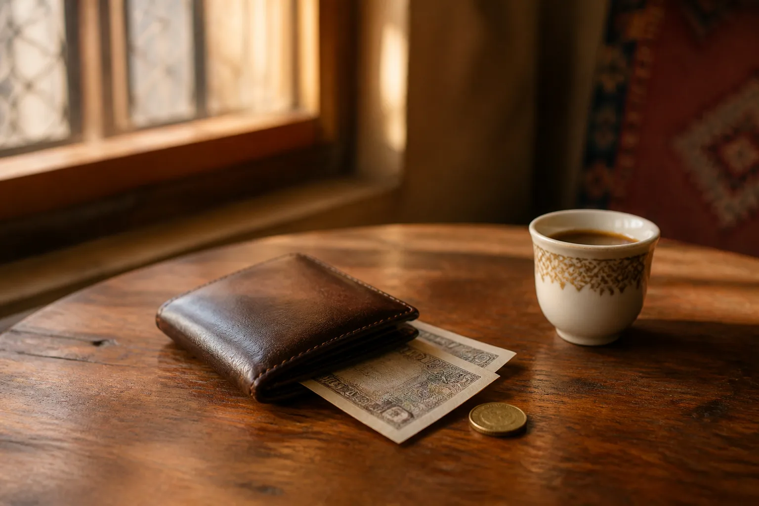 Leather wallet on a wooden cafe table with neutral folded banknotes alongside an Arabic-style coffee cup.