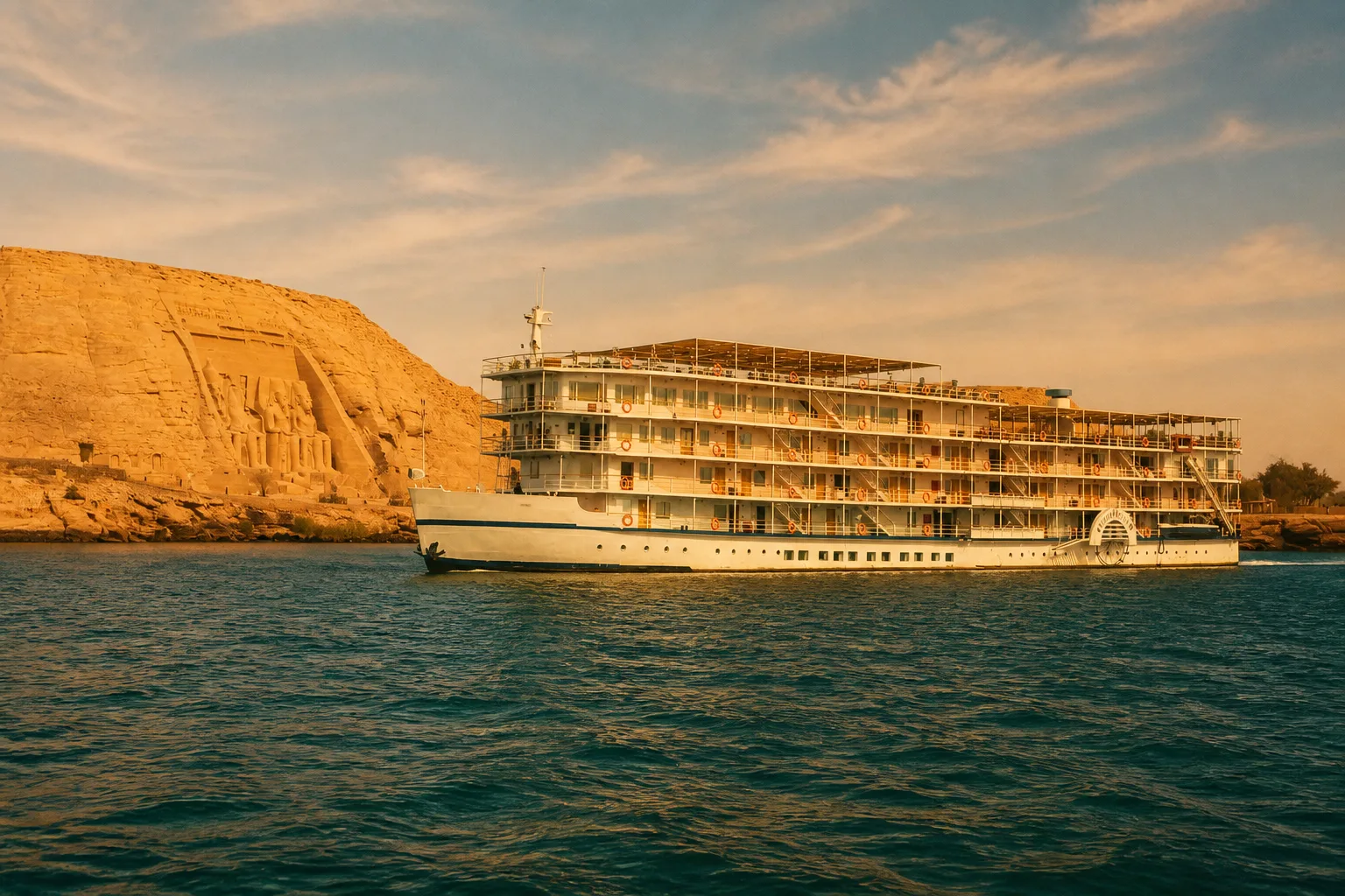 Lake Nasser cruise ship moored beside the Abu Simbel temples