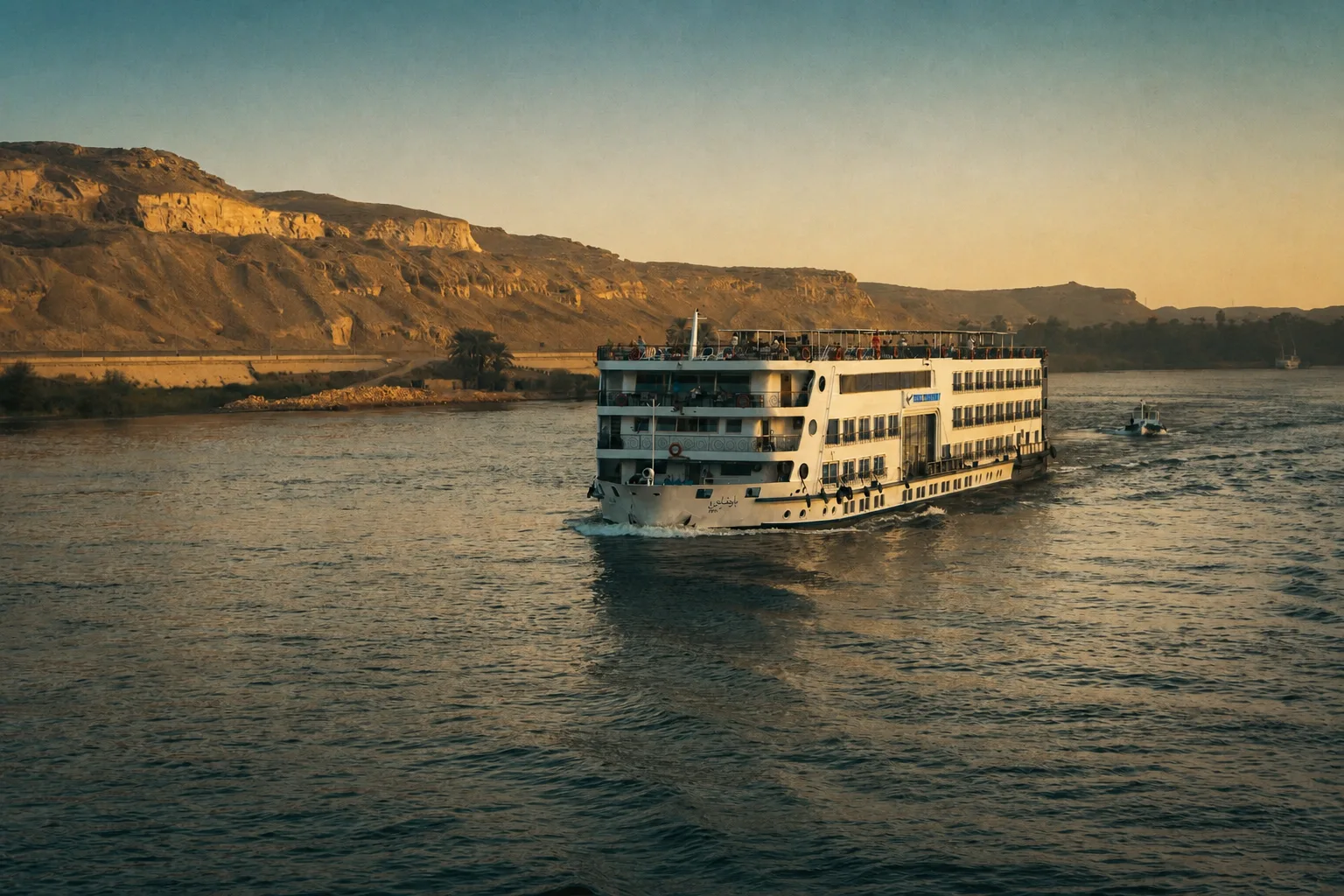 Nile cruise ship at golden hour